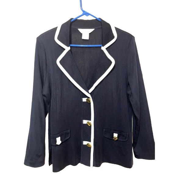 Misook Jackets & Blazers - Misook Classic Knit Stretch Blazer Jacket size S Navy Gold Buttons White Trim
